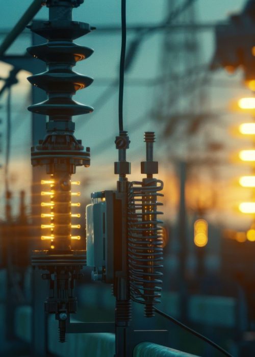 Electric substation illuminated by sunset light in 3d rendering at business district during evening time